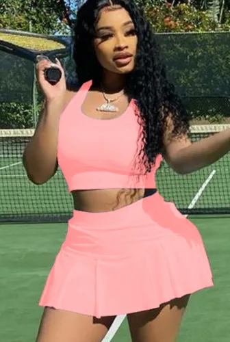 Summer Sports Pink Tank Crop Top and Pleated Skirt 2PC Matching Set