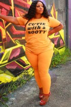 Sommer Plus Size Casual Print Orange Hemd und Hosen Set