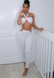Summer White Sexy Wrap Crop Top and Cut Out Pants Set