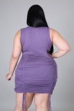 Summer Plus Size Purple Sexy Sleeveless Ruched Strings Bodycon Dress