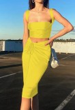 Summer Yellow Strap Crop Top and Strings Midi Skirt Set