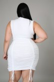 Summer Plus Size White Sexy Sleeveless Ruched Strings Bodycon Dress