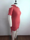 Summer Plus Size Pink Cut Out Shoulder Side Strings Hooded Dress