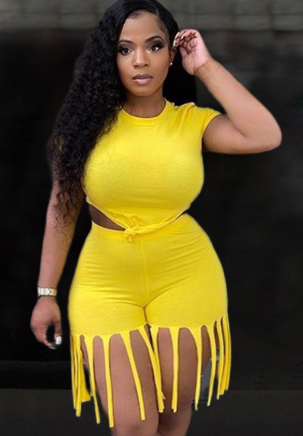 Summer Plus Size Yellow Sexy Crop Top and Fringe Shorts 2pc Matching Set