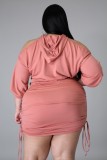 Summer Plus Size Pink Cut Out Shoulder Side Strings Hooded Dress