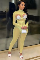 Summer Yellow Mesh Transparent Sexy Pailletten Cupps Langarm Bodycon Jumpsuit