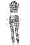 Summer Two Piece White and Black Print Crop Top and Pants Matching Set