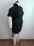 Summer Plus Size Black Cut Out Shoulder Side Strings Hooded Dress