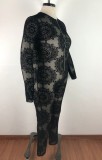 Spring Plus Size Black Floral Long Sleeve Zipper Bodycon Jumpsuit
