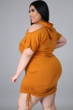 Summer Plus Size Orange Cut Out Shoulder Side Strings Hooded Dress