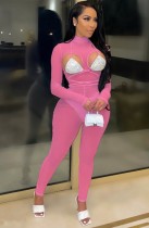 Summer Pink Mesh Transparent Sexy Pailletten Cupps Langarm Bodycon Jumpsuit