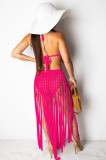 Summer Beach Rose Knit Fringe Halter Long Dress Cover-Up