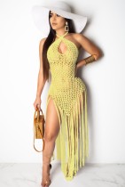 Summer Beach Yellow Knit Fringe Halfter Langes Kleid Vertuschung