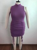 Summer Plus Size Purple Sexy Sleeveless Ruched Strings Bodycon Dress