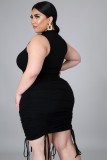 Summer Plus Size Black Sexy Sleeveless Ruched Strings Bodycon Dress