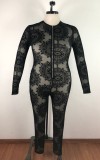 Spring Plus Size Black Floral Long Sleeve Zipper Bodycon Jumpsuit
