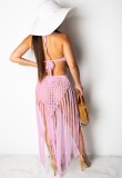Summer Beach Pink Knit Fringe Halter Long Dress Cover-Up