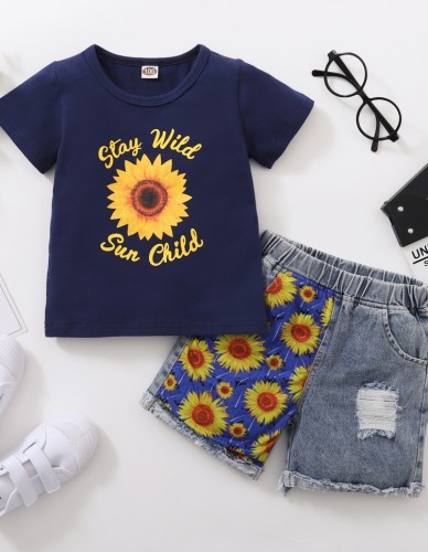 Детская летняя рубашка с цветочным рисунком для девочек и комплект джинсовых шорт в тон