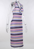 Summer Rainbow Stripes Keyhole Ribbed Halter Midi Dress