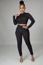 Summer Black Sexy Hollow Out Long Sleeve Crop Top and Pants Set