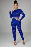 Summer Blue Sexy Hollow Out Long Sleeve Crop Top and Pants Set