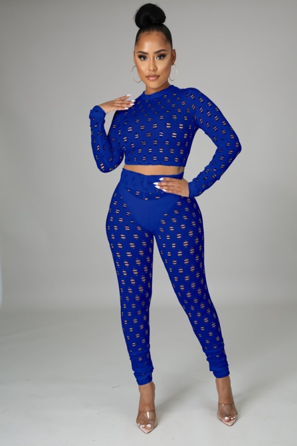 Summer Blue Sexy Hollow Out Long Sleeve Crop Top and Pants Set