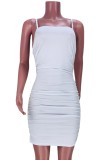 Summer White Basic Strap Ruched Mini Dress
