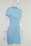Summer Blue Basic Knit Mini Dress with Short Sleeves