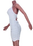 Summer White Basic Strap Ruched Mini Dress