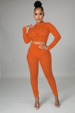 Summer Orange Sexy Hollow Out Long Sleeve Crop Top and Pants Set