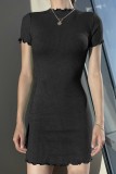 Summer Black Basic Knit Mini Dress with Short Sleeves