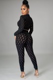 Summer Black Sexy Hollow Out Long Sleeve Crop Top and Pants Set