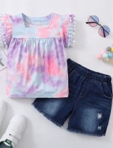 Kinder Mädchen Sommer Tie Dye Shirt und Jeansshorts Set