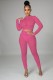 Summer Pink Sexy Hollow Out Long Sleeve Crop Top and Pants Set