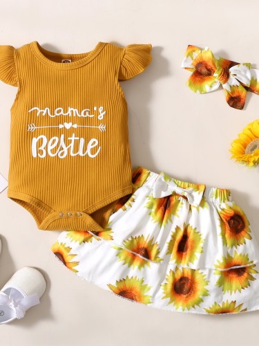 Conjunto de falda de 3 piezas con estampado floral de verano para bebé niña