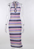 Summer Rainbow Stripes Keyhole Ribbed Halter Midi Dress