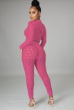Summer Pink Sexy Hollow Out Long Sleeve Crop Top and Pants Set