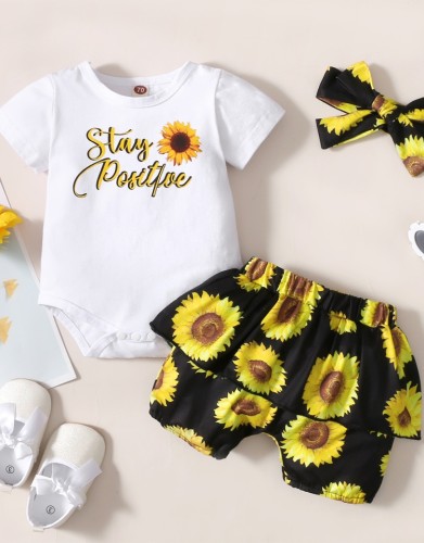 Conjunto de pantalón corto de 3 piezas con estampado floral de verano para bebé niña