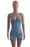 Summer Light Blue Lace-Up Strap Ripped Denim Rompers