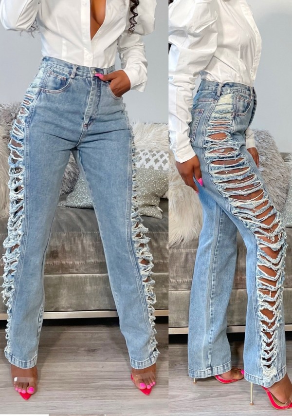 Summer Blue High Waist Sides Ripped Stylish Jeans