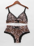Summer Lace Patch Leopard Print Two Piece Shorts Pajama Set