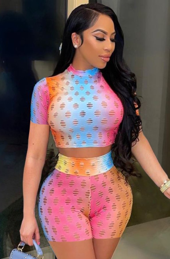 Summer Colorful Hollow Out Sexy Tight Crop Top and Biker Shorts 2 Piece Set