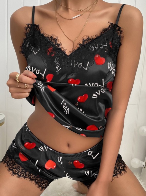 Summer Lace Patch Heart Print Black Two Piece Shorts Pajama Set