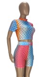 Summer Colorful Hollow Out Sexy Tight Crop Top and Biker Shorts 2 Piece Set