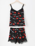Summer Lace Patch Heart Print Black Two Piece Shorts Pajama Set