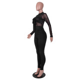 Summer Black Sexy Ruched Long Sleeve Knotted Bodycon Jumpsuit