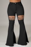 Summer Black High Waist Lace-Up Flare Jeans