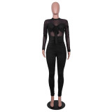 Summer Black Sexy Ruched Long Sleeve Knotted Bodycon Jumpsuit