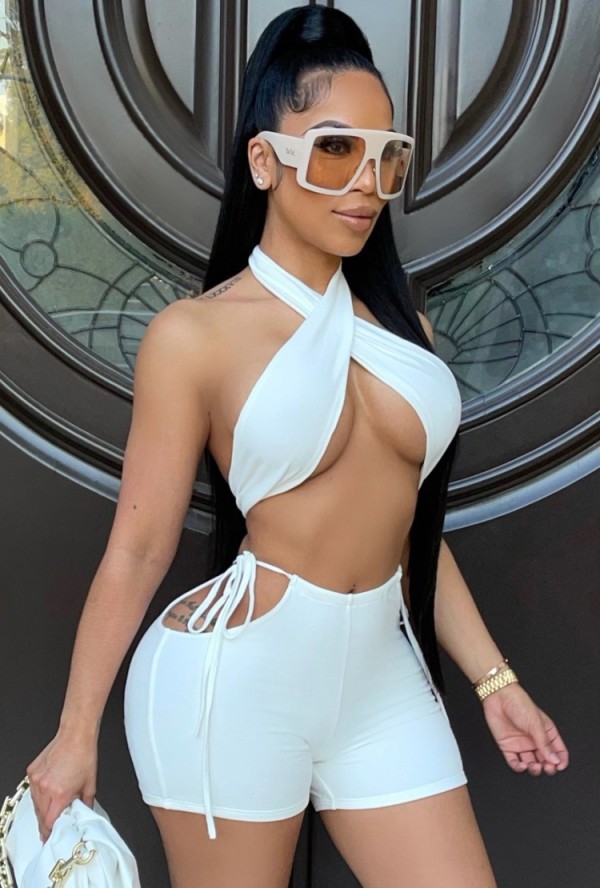 Summer Sexy White Twist Crop Top and Cut Out Shorts Set