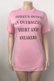 Summer Plus Size Print Pink O-Neck Shirt Dress